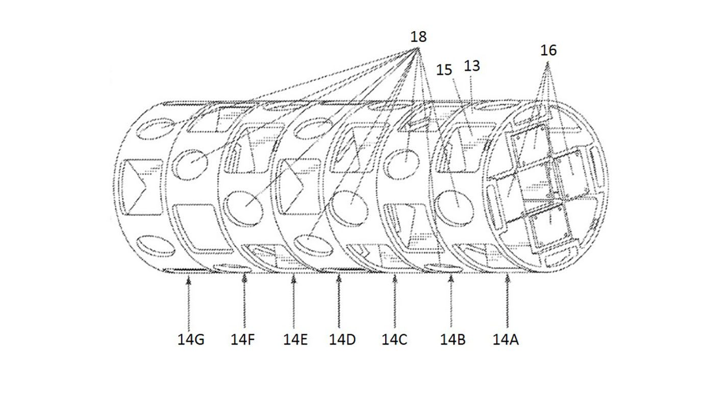 The sensor head includes an imaging array with seven cylindrical decks (14A through 14G) stacked end-to-end. Each deck includes an outer wall (13) and closed internal partitions (15) forming a honeycomb of compartments for the imagers. Deck 14A encloses four wide FOV imagers and each of the remaining decks (14B through 14G) encloses four narrow FOV imagers.